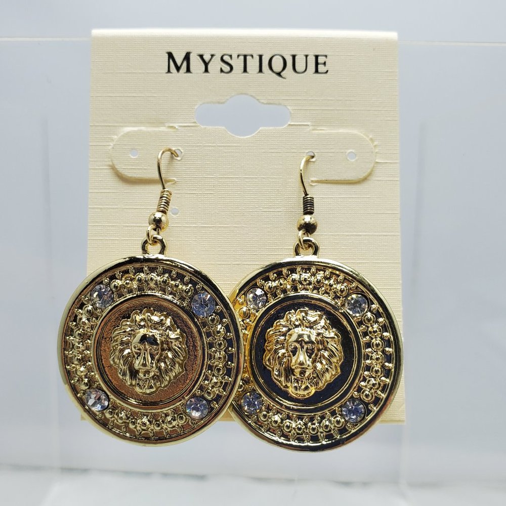 Mystique gold circle lion head with rhinestones fish hook earring